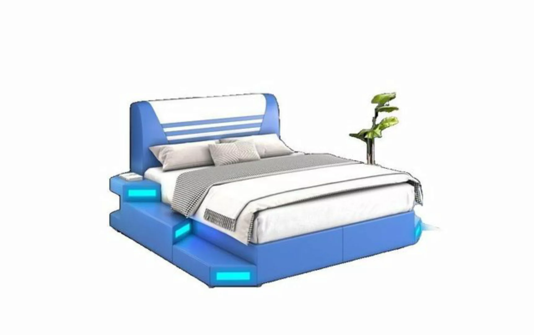 JVmoebel Bett Luxus Led Beleuchtetes Schlafzimmer Bett Lederbett 180x200 Mö günstig online kaufen