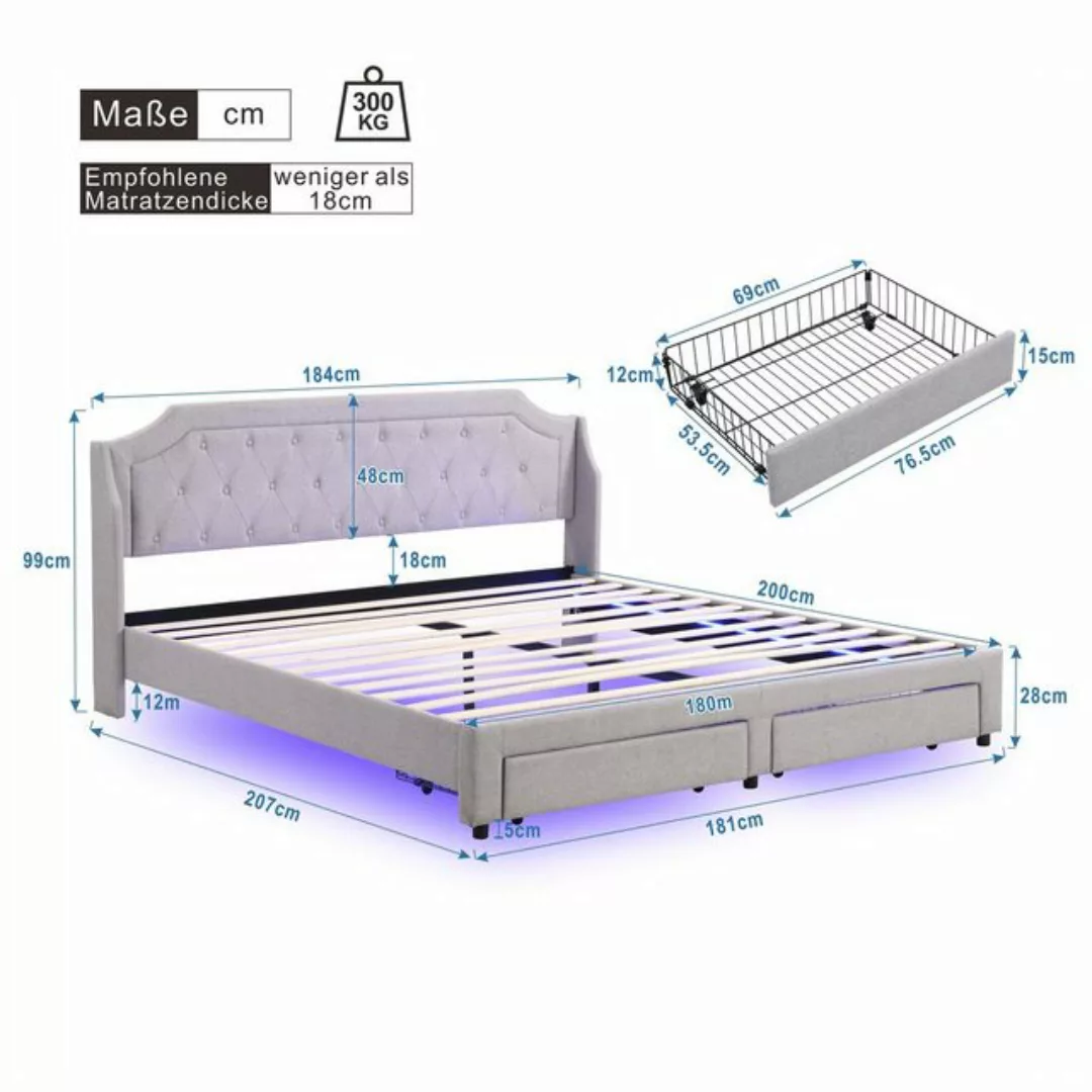 Flieks Polsterbett, LED Beleuchtung Doppelbett 2 Schubladen 180x200cm Leine günstig online kaufen