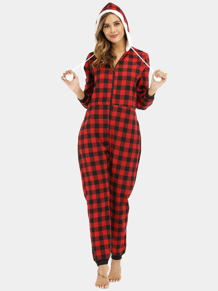 Plus Größe Plaid Jumpsuits Damen Pyjamas Kapuze Front Reißverschluss Home P günstig online kaufen