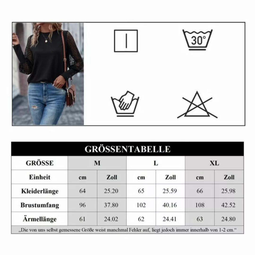 Opspring Spitzenbluse Damen Langarm T-Shirt mit Spitzenärmeln Oberteile Blu günstig online kaufen