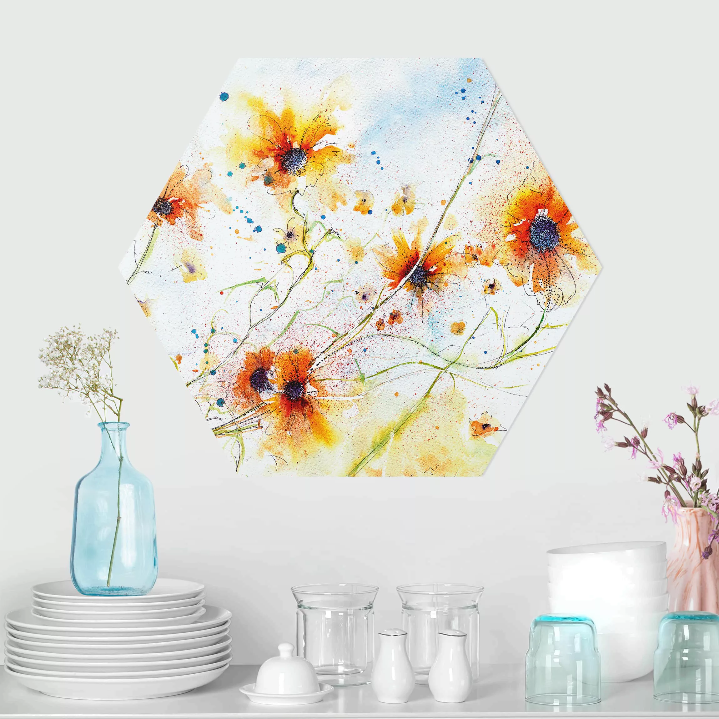 Hexagon-Alu-Dibond Bild Blumen Painted Flowers günstig online kaufen