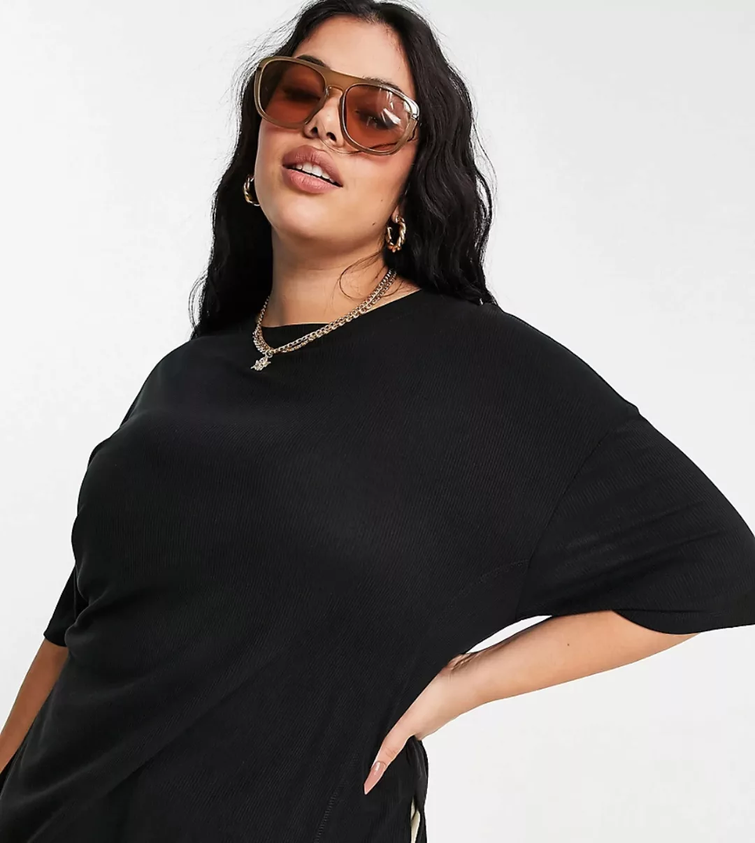 ASOS DESIGN Curve – Schwarzes geripptes Oversize-T-Shirt mit seitlichem Sch günstig online kaufen