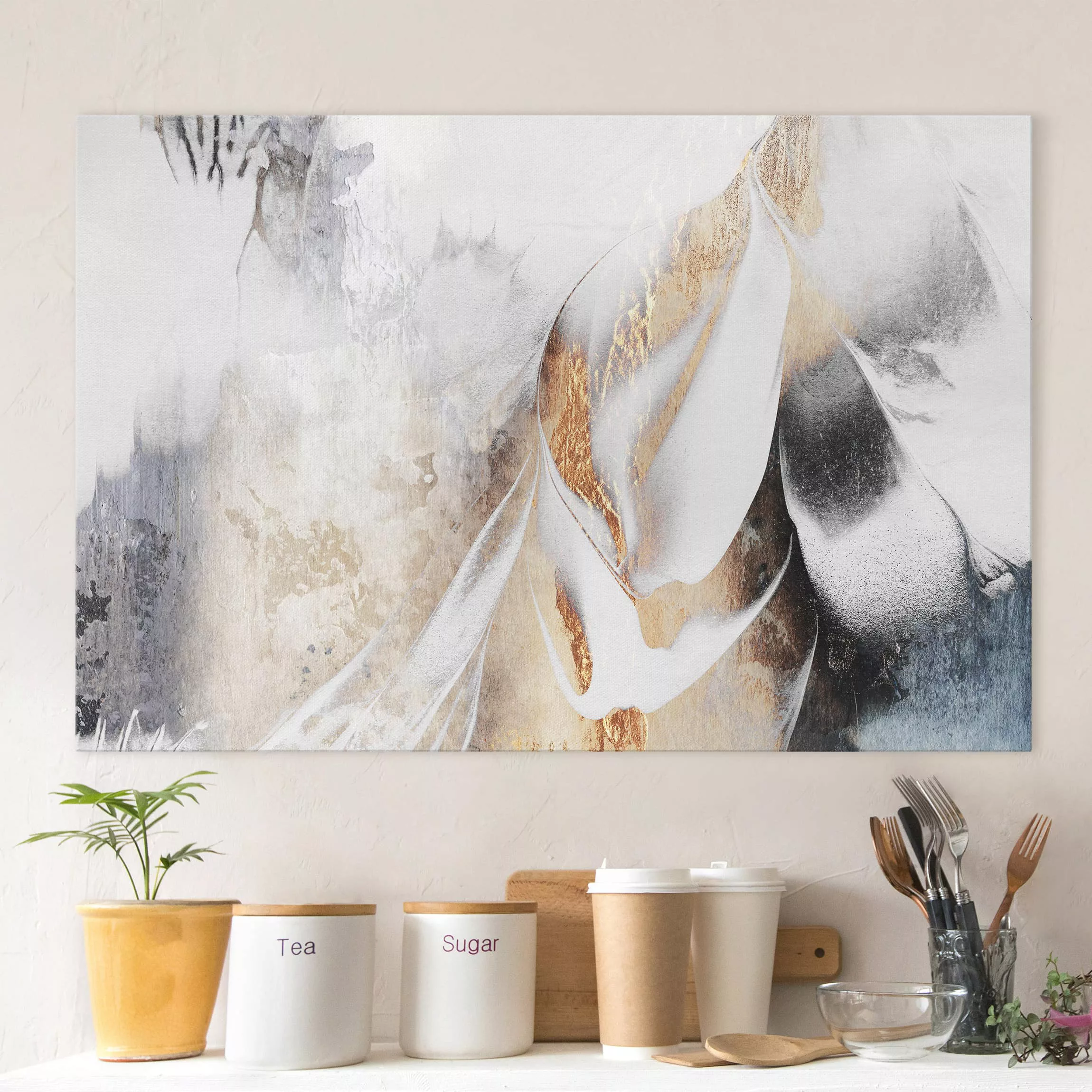 Leinwandbild Abstrakt - Querformat Goldene abstrakte Wintermalerei günstig online kaufen