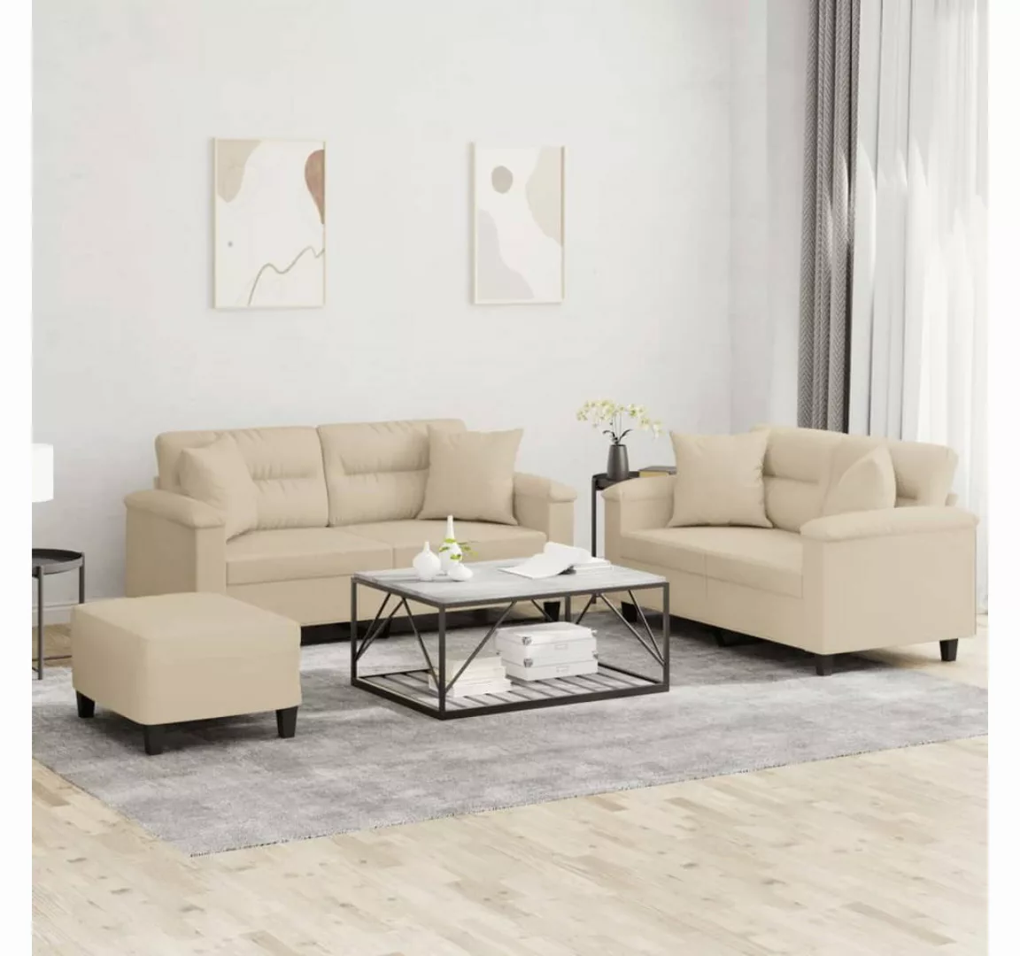 vidaXL Sofa Sofagarnitur Set mit Kissen Mikrofasergewebe, 3-tlg., Creme günstig online kaufen