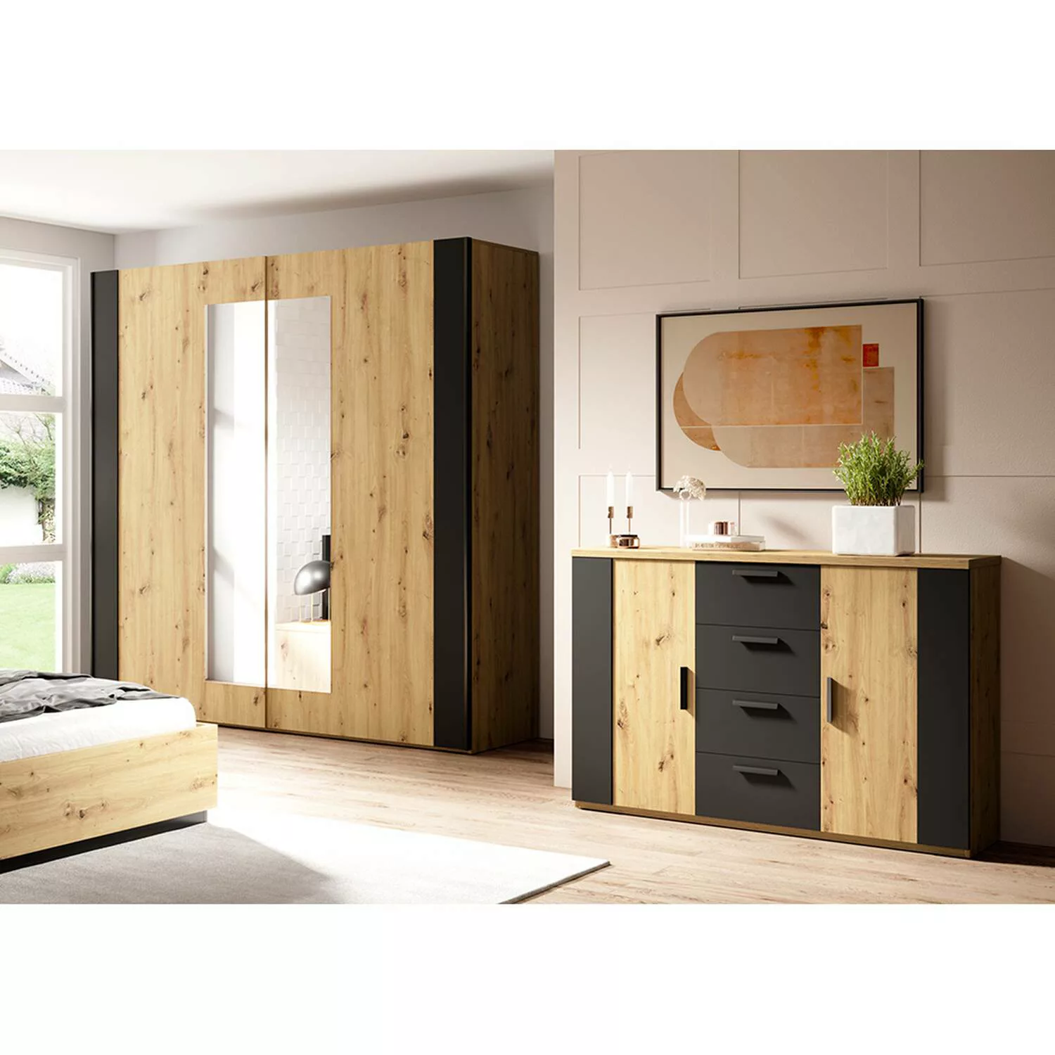 Kleiderschrank mit Kommode SOLMS-83 in Artisan Eiche Nb. mit schwarz günstig online kaufen