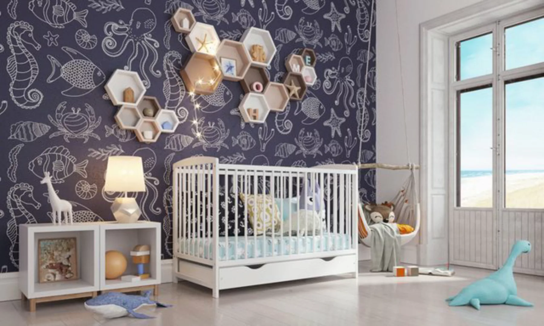 thematys Babybett 60x120cm in Weiß höhenverstellbar Kinderbett mit Schublad günstig online kaufen