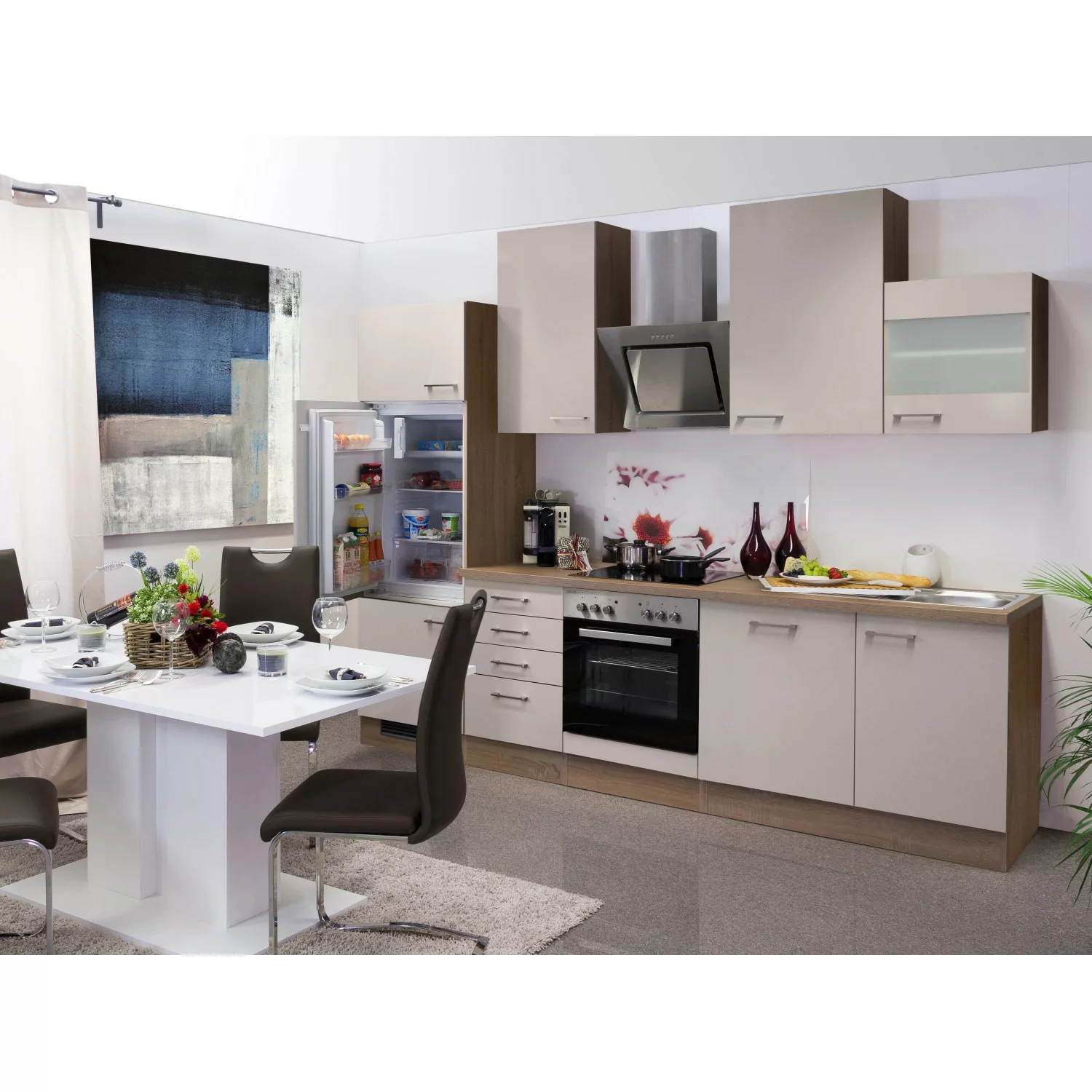 Flex-Well Exclusiv Küchenzeile Orlando 280 cm Kaschmir Glanz-Sonoma Eiche günstig online kaufen