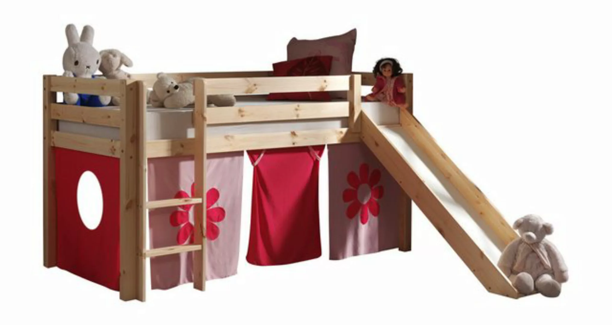 Hochbett Kinderzimmer mit Textilset Flower PINOO-12 incl. Rutsche in Kiefer günstig online kaufen