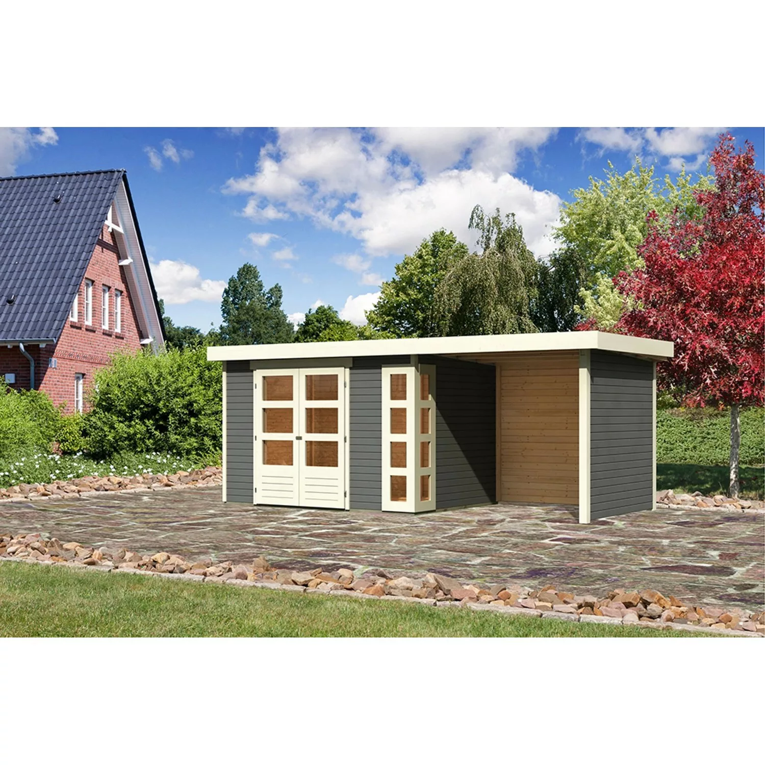 Karibu Holz-Gartenhaus/Gerätehaus Sölve Terragrau Flachdach Lackiert 298 cm günstig online kaufen