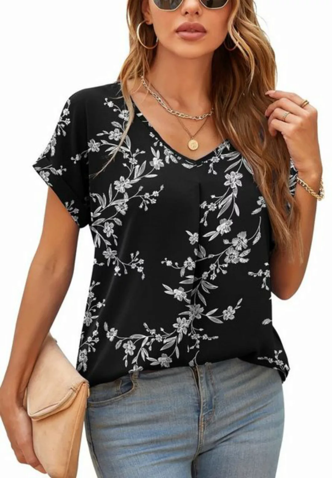 Opspring Kurzarmhemd Damen Bluse Elegant V-Ausschnitt Tunika Shirt Oberteil günstig online kaufen