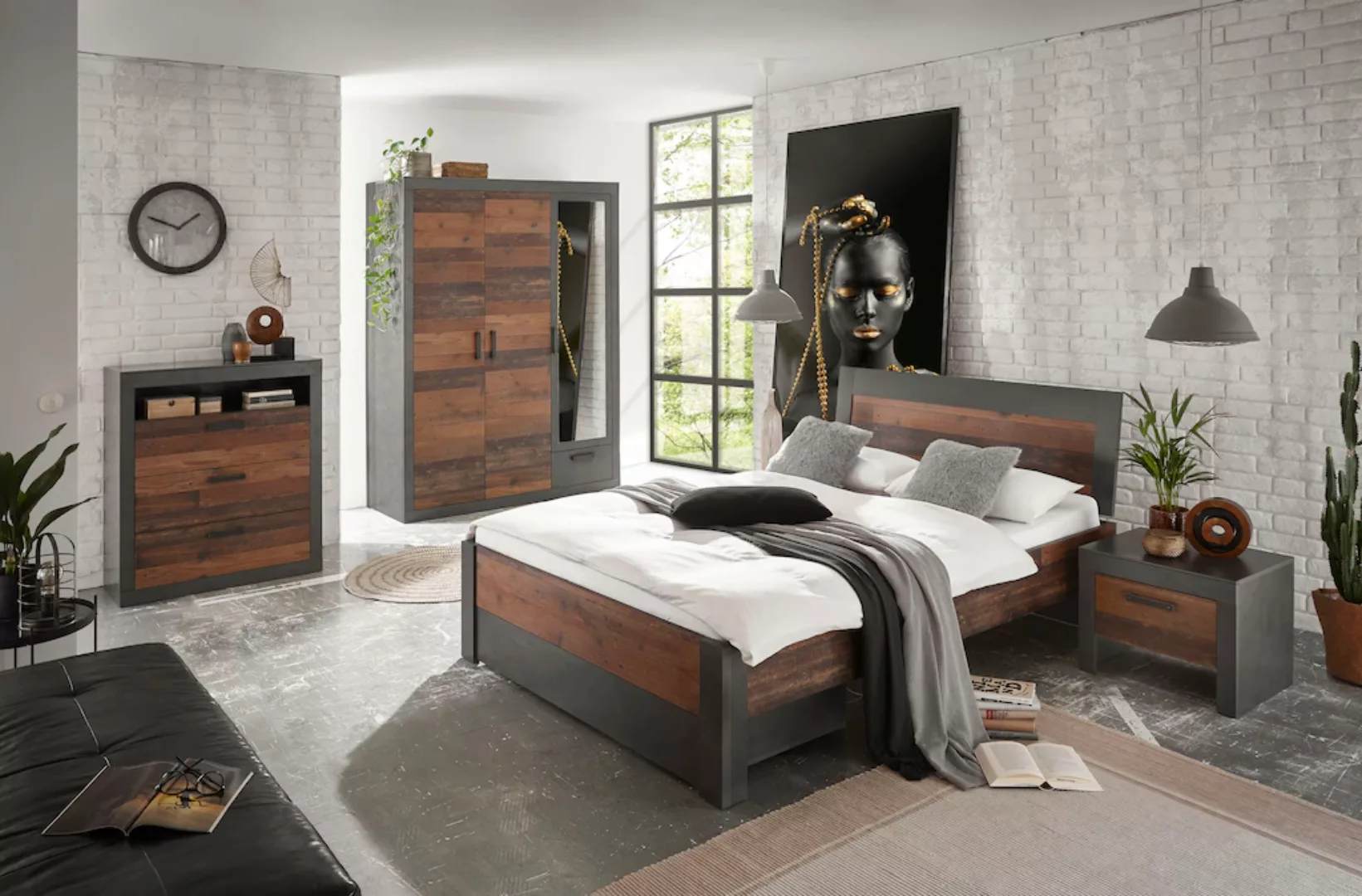 Home affaire Schlafzimmer-Set "BROOKLYN", (Set, 5 St.), Bett mit Holzkopfte günstig online kaufen