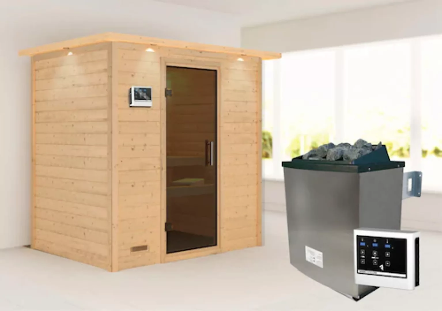 Karibu Sauna »"Sonja" mit graphitfarbener Tür und Kranz Ofen 9 KW externe S günstig online kaufen