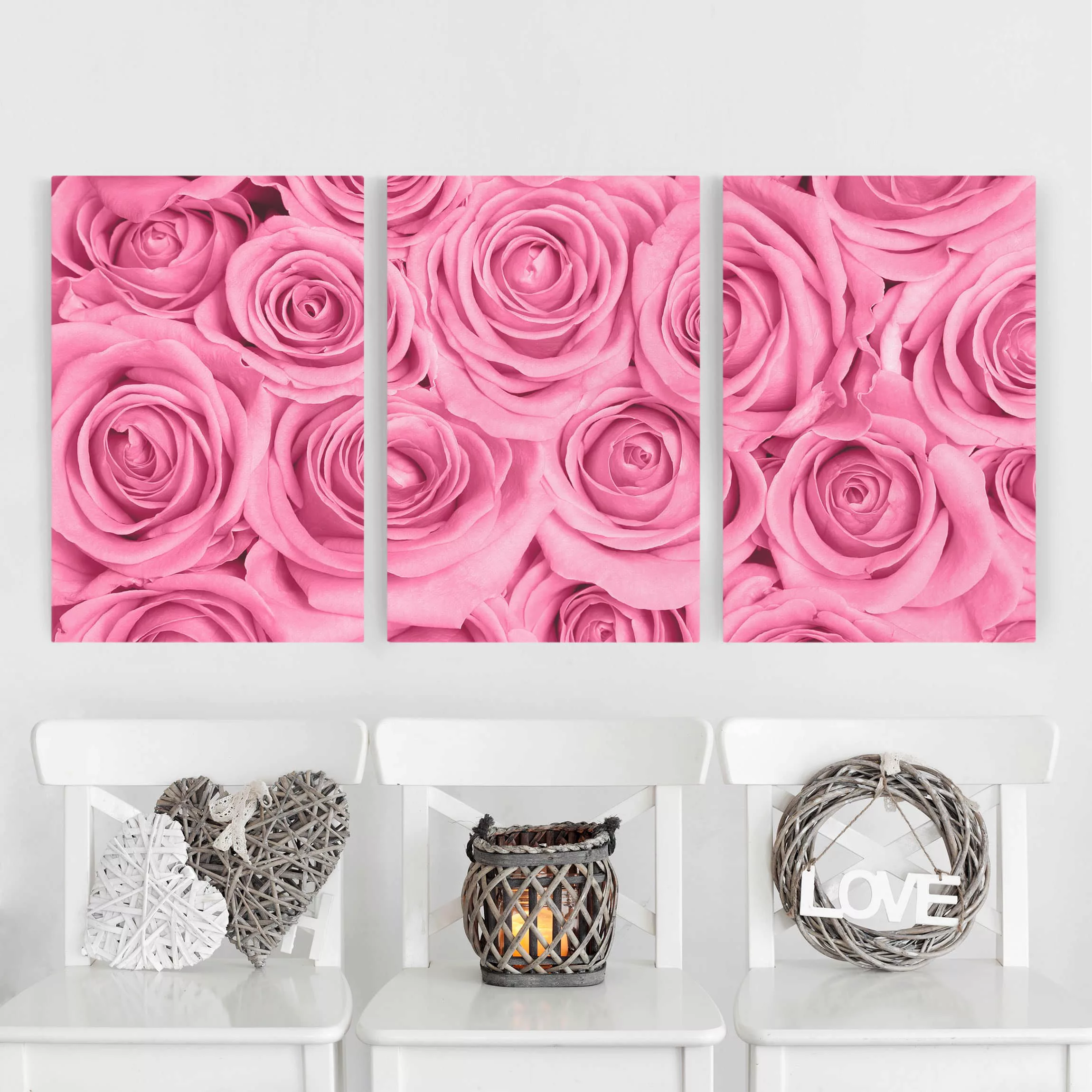 3-teiliges Leinwandbild Blumen - Querformat Rosa Rosen günstig online kaufen