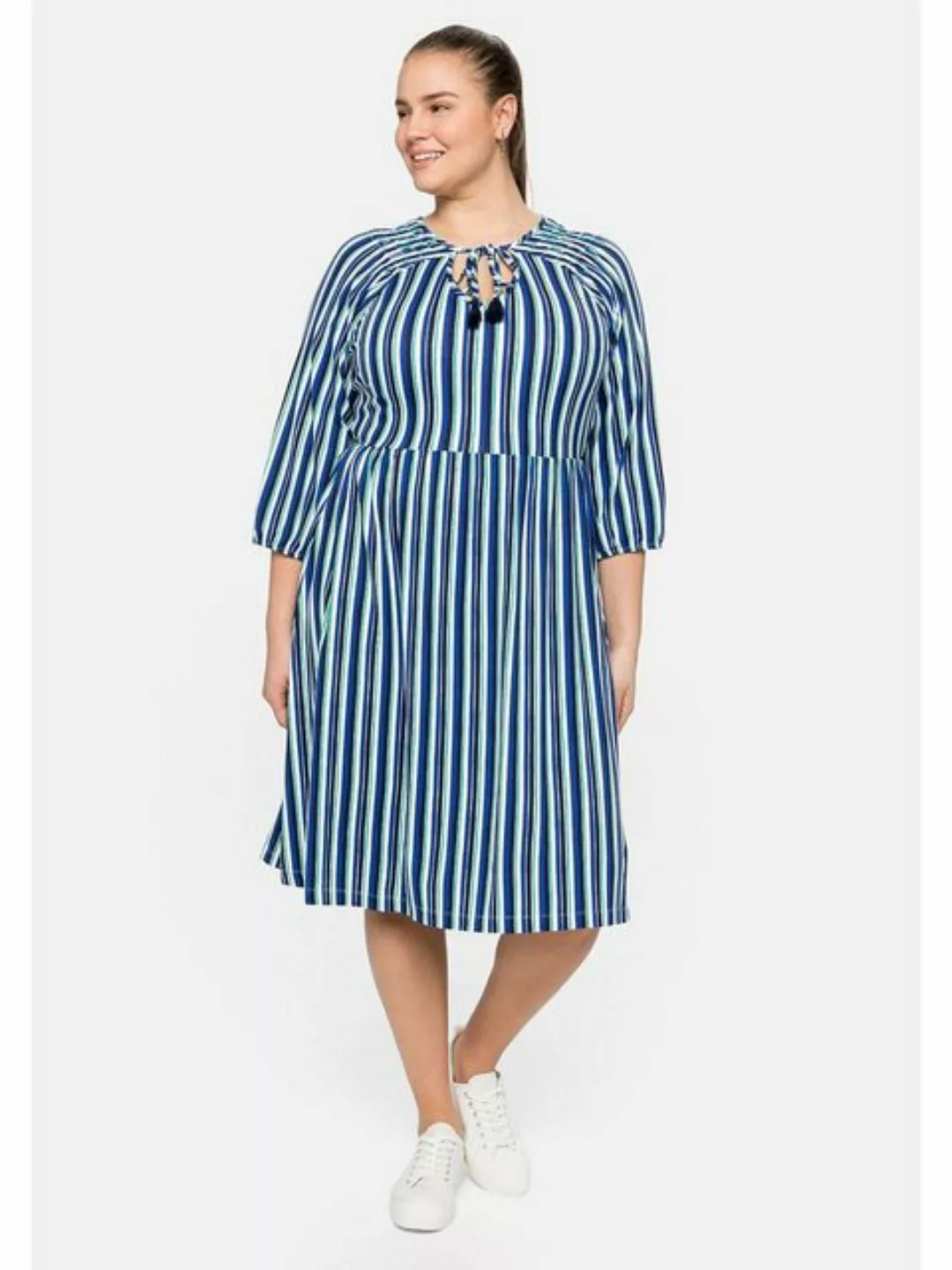 Sheego Jerseykleid Große Größen mit Streifen, Bindeband am Ausschnitt günstig online kaufen