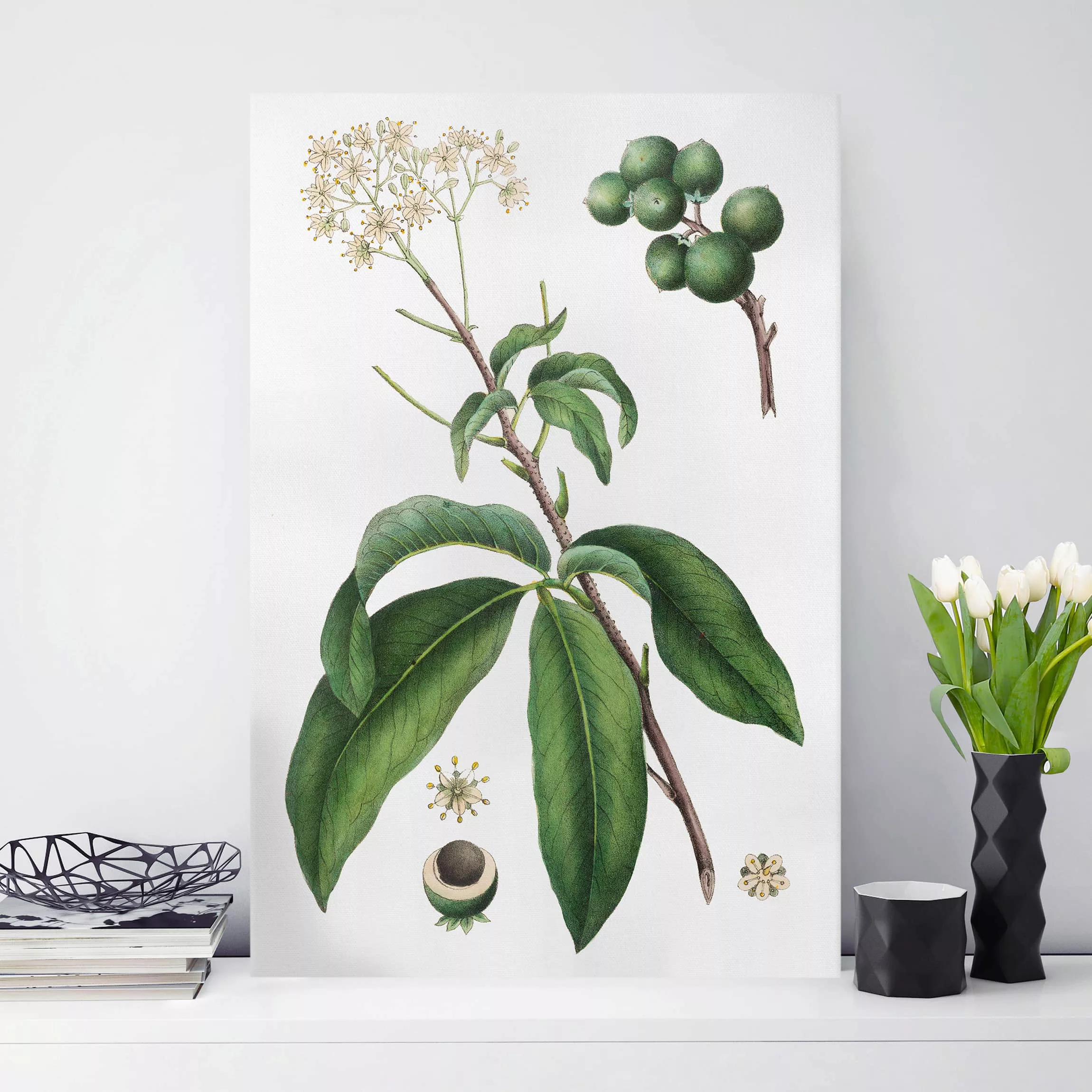 Leinwandbild Botanik - Hochformat Laubwerk mit Blüten II günstig online kaufen