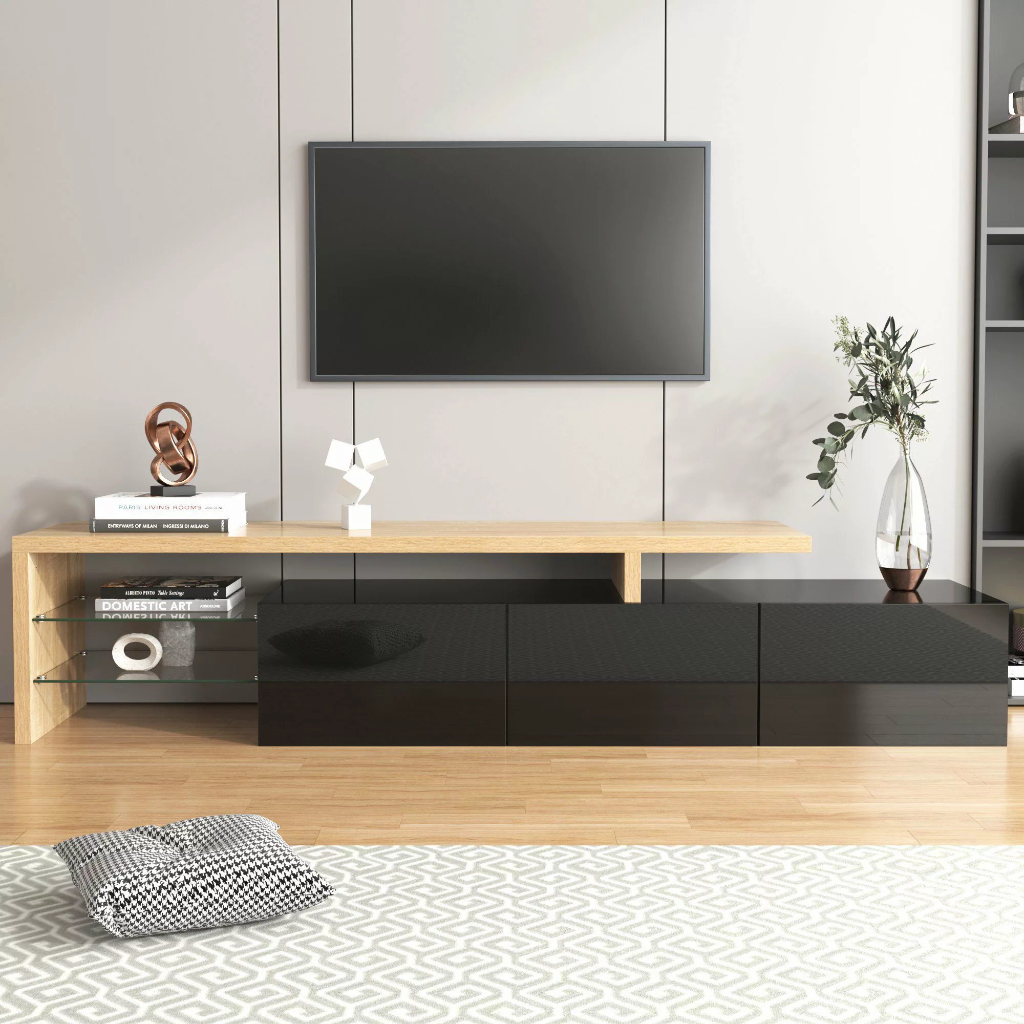 Moderner TV-Schrank mit Hochglanz, Glasböden und LED-Beleuchtung, Natürlich günstig online kaufen