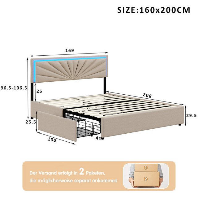 Furnishings Home Polsterbett Doppelbett mit 4 Schubladen + LED-Leuchten günstig online kaufen