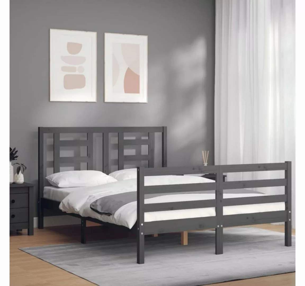 vidaXL Bett Massivholzbett mit Kopfteil Grau 140x190 cm günstig online kaufen