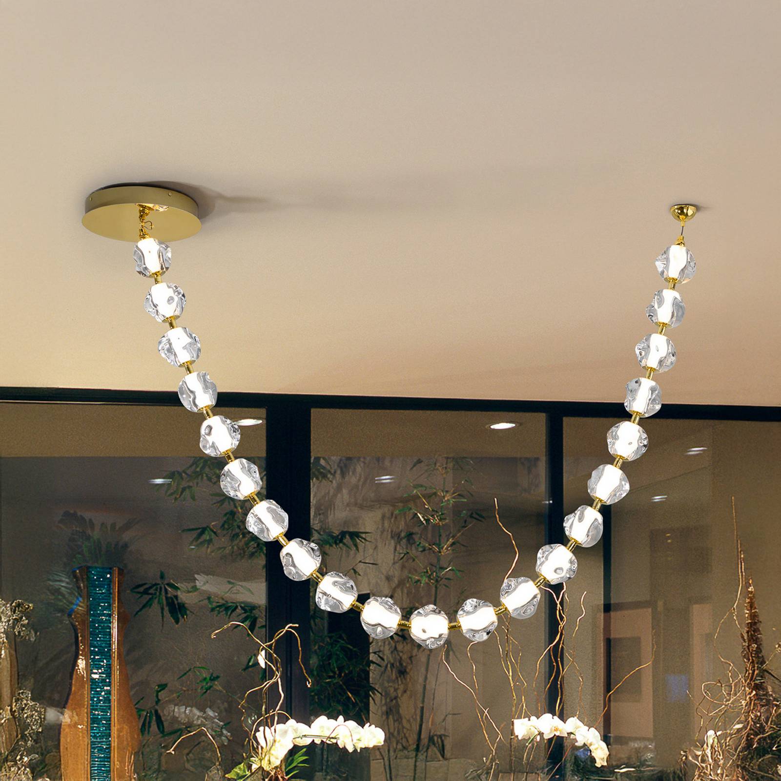 LED-Hängeleuchte Zaria, 21-fl., gold, klar, Metall, Acryl günstig online kaufen