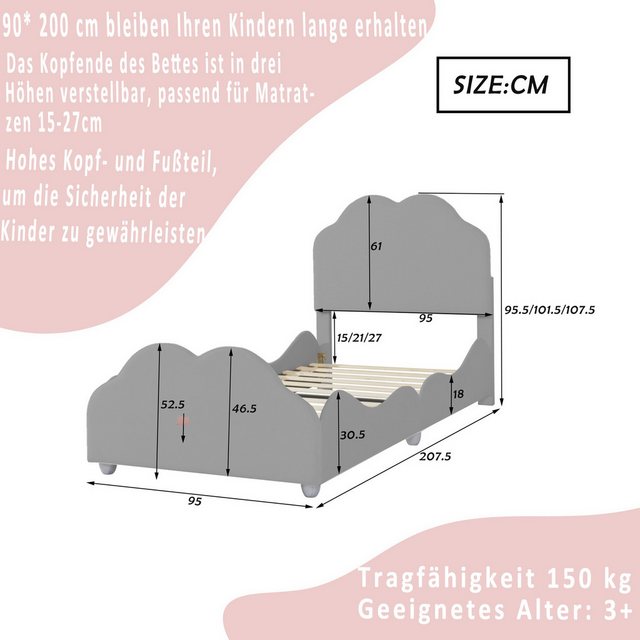 DOPWii Einzelbett 90x200cm Polsterbett,Hohes Geländer,Einzelbett,Hautfreund günstig online kaufen