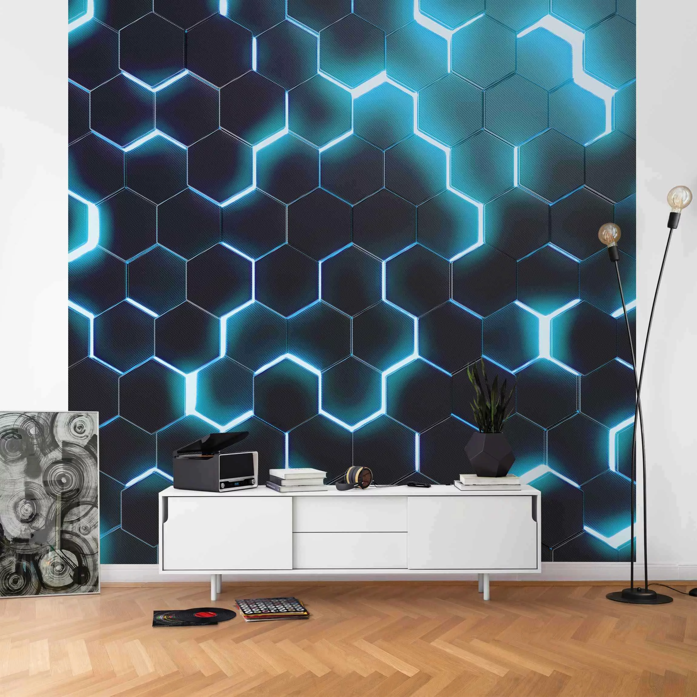 Fototapete Strukturierte Hexagone mit Neonlicht in Türkis günstig online kaufen