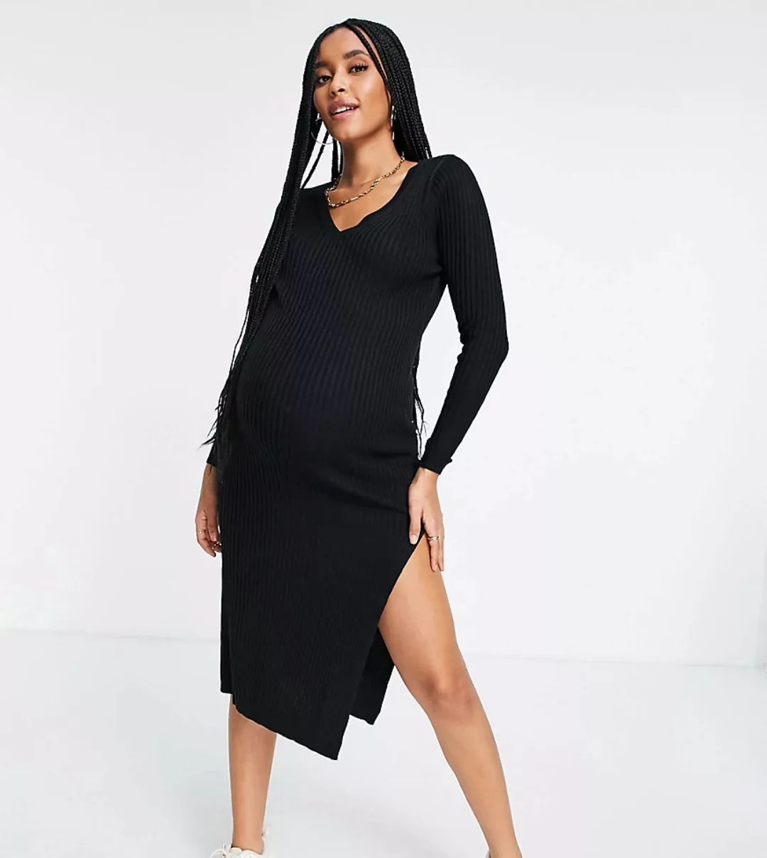 ASOS DESIGN Maternity – Geripptes Strickkleid in Schwarz mit V-Ausschnitt günstig online kaufen