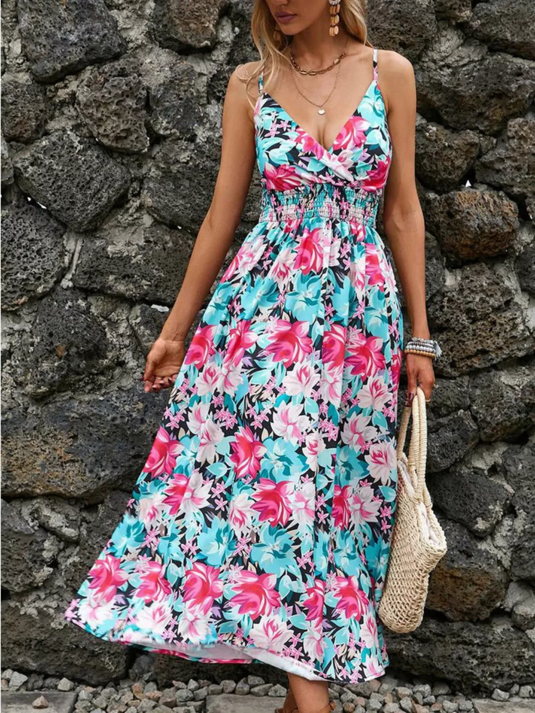 BlauWave Druckkleid Bedrucktes Kleid mit V-Ausschnitt und Taille (Bequem un günstig online kaufen