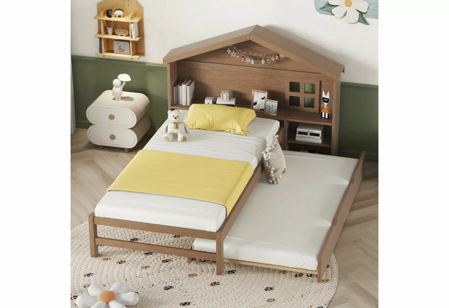 Flieks Kinderbett, Holzbett 90x200cm mit Fensterdekoration und Ausziehbett günstig online kaufen