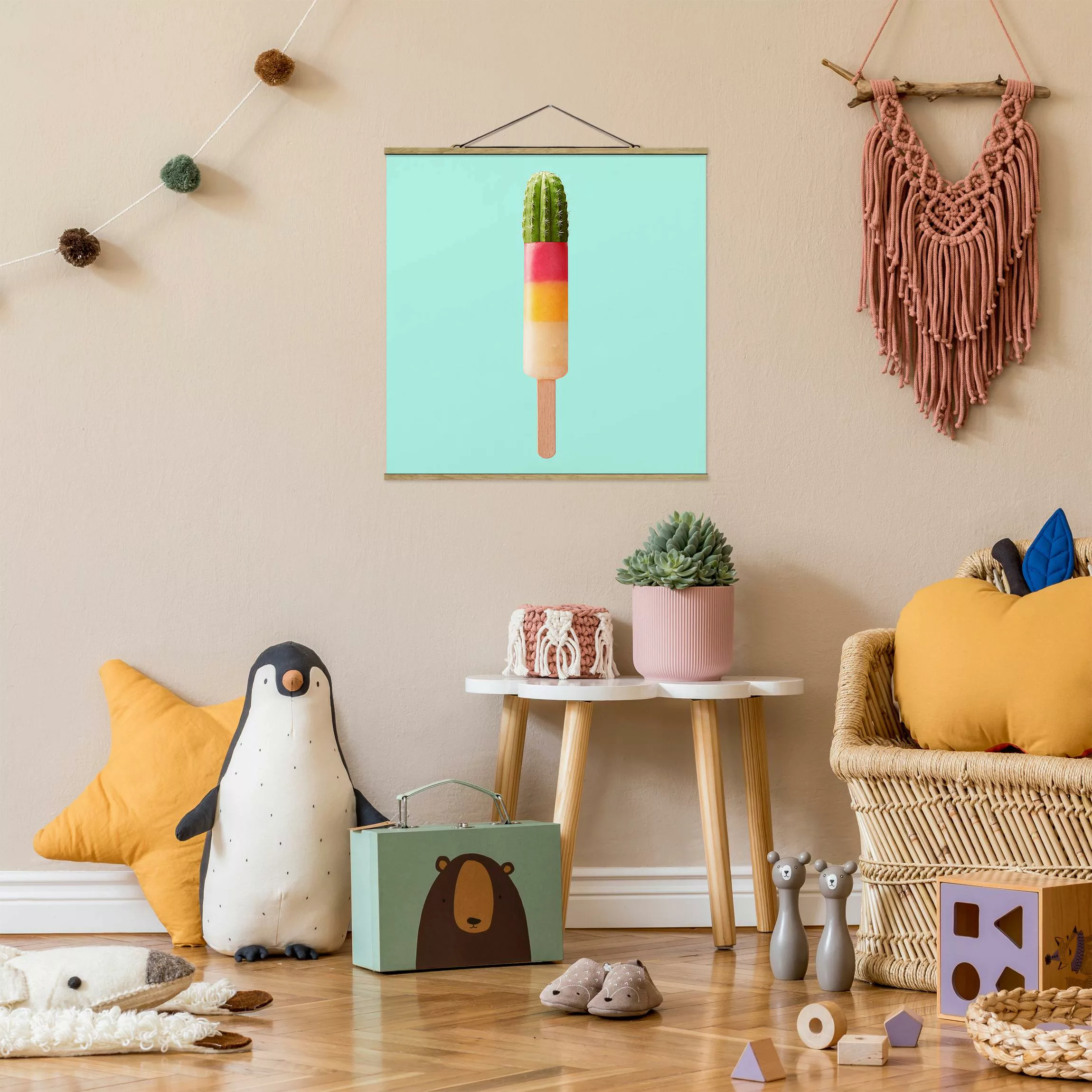 Stoffbild Küche mit Posterleisten - Quadrat Eis mit Kaktus günstig online kaufen