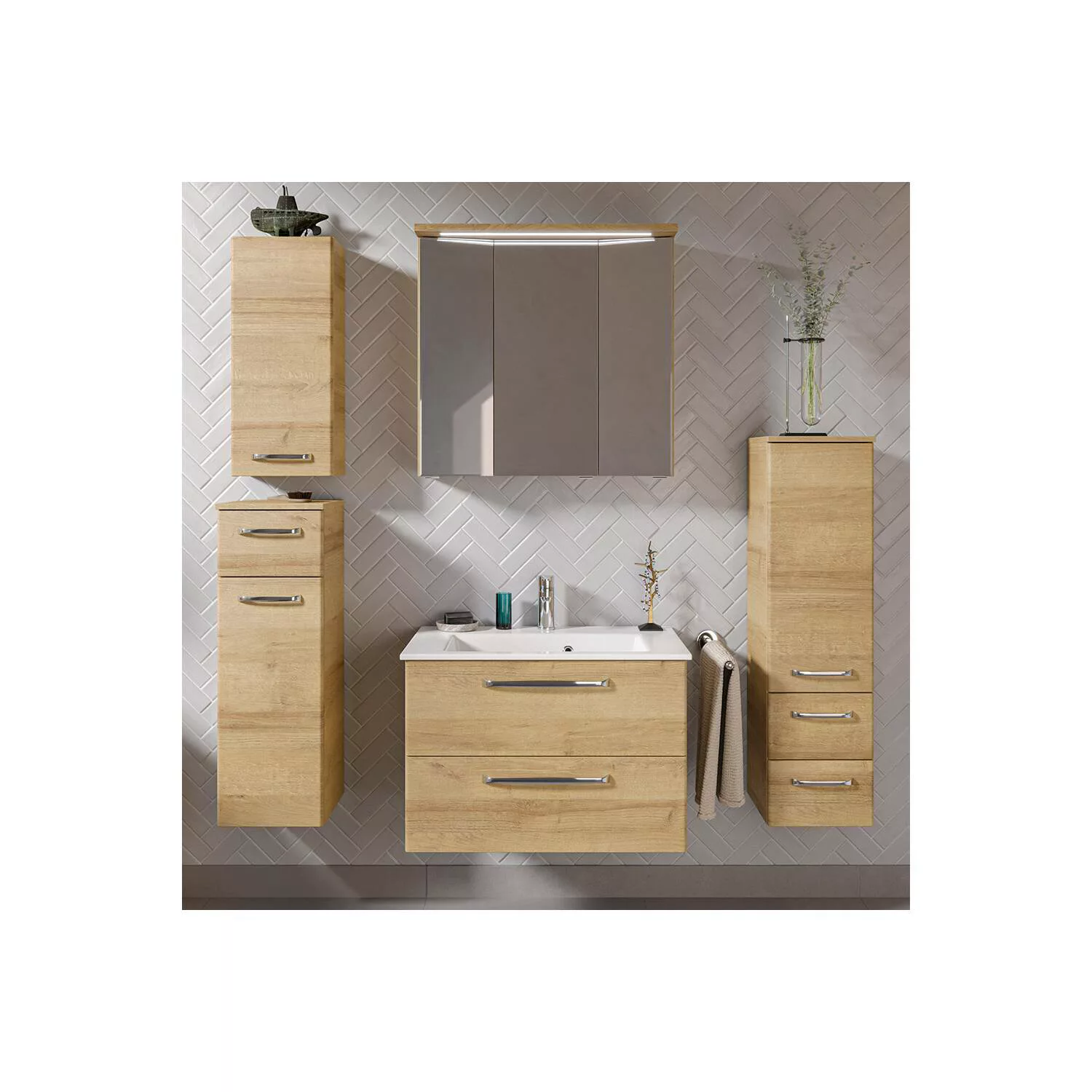 Badezimmer Komplett Set mit Mineralmarmorbecken TRENTO-66 in Riviera Eiche günstig online kaufen