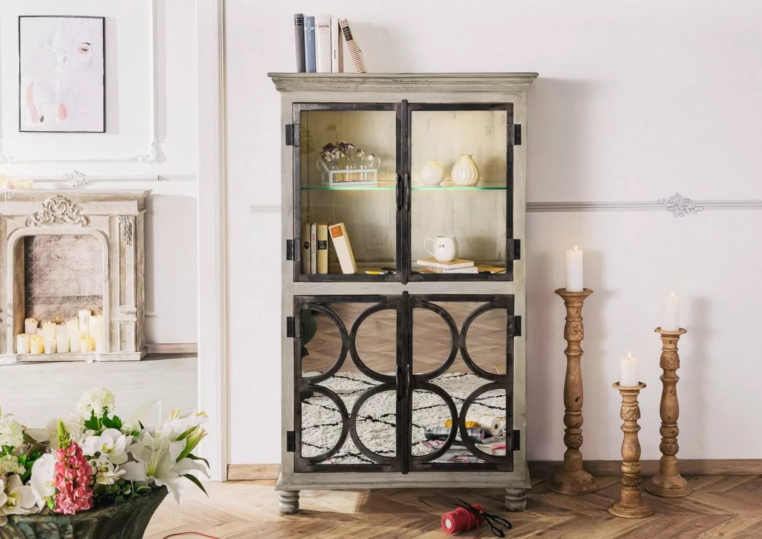 Massivmoebel24 Standvitrine Vitrine Mango 97x45x160 grau lackiert HERMITAGE günstig online kaufen