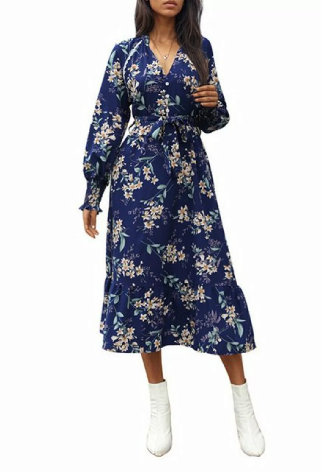 SEGUEN Strandkleid Herbstliches Damenkleid mit langen Ärmeln und Blumendruc günstig online kaufen