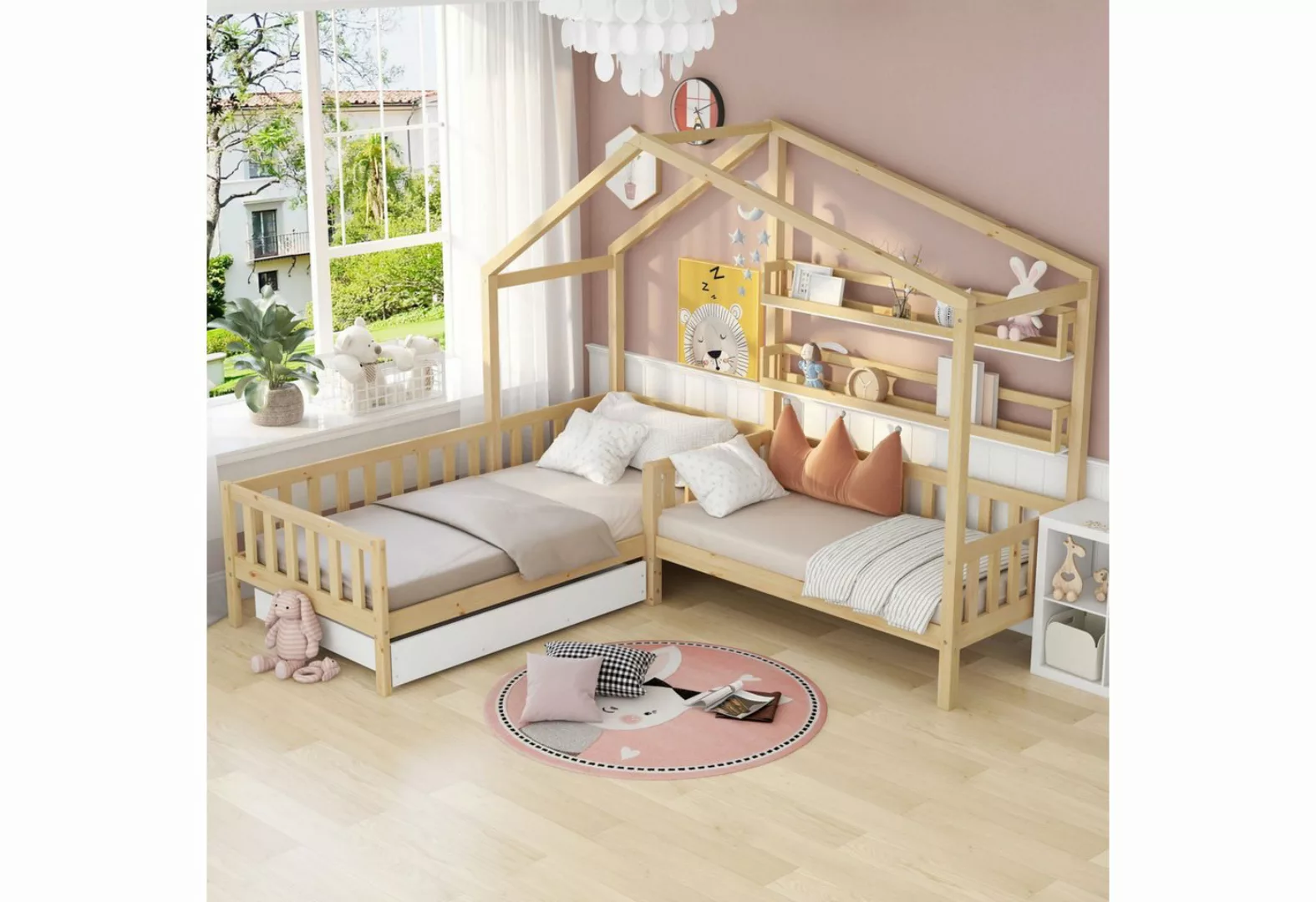 SeedWave Hausbett Kinderbett mit Schubladen und Regalen,Zwei Betten(200x90c günstig online kaufen