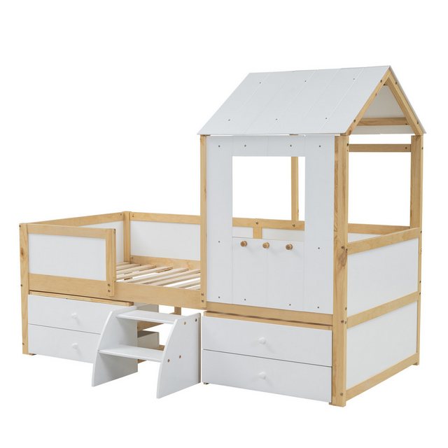 OKWISH Kinderbett Holzbett Stauraumbett Hausbett mit Dach und Fenster (Vier günstig online kaufen
