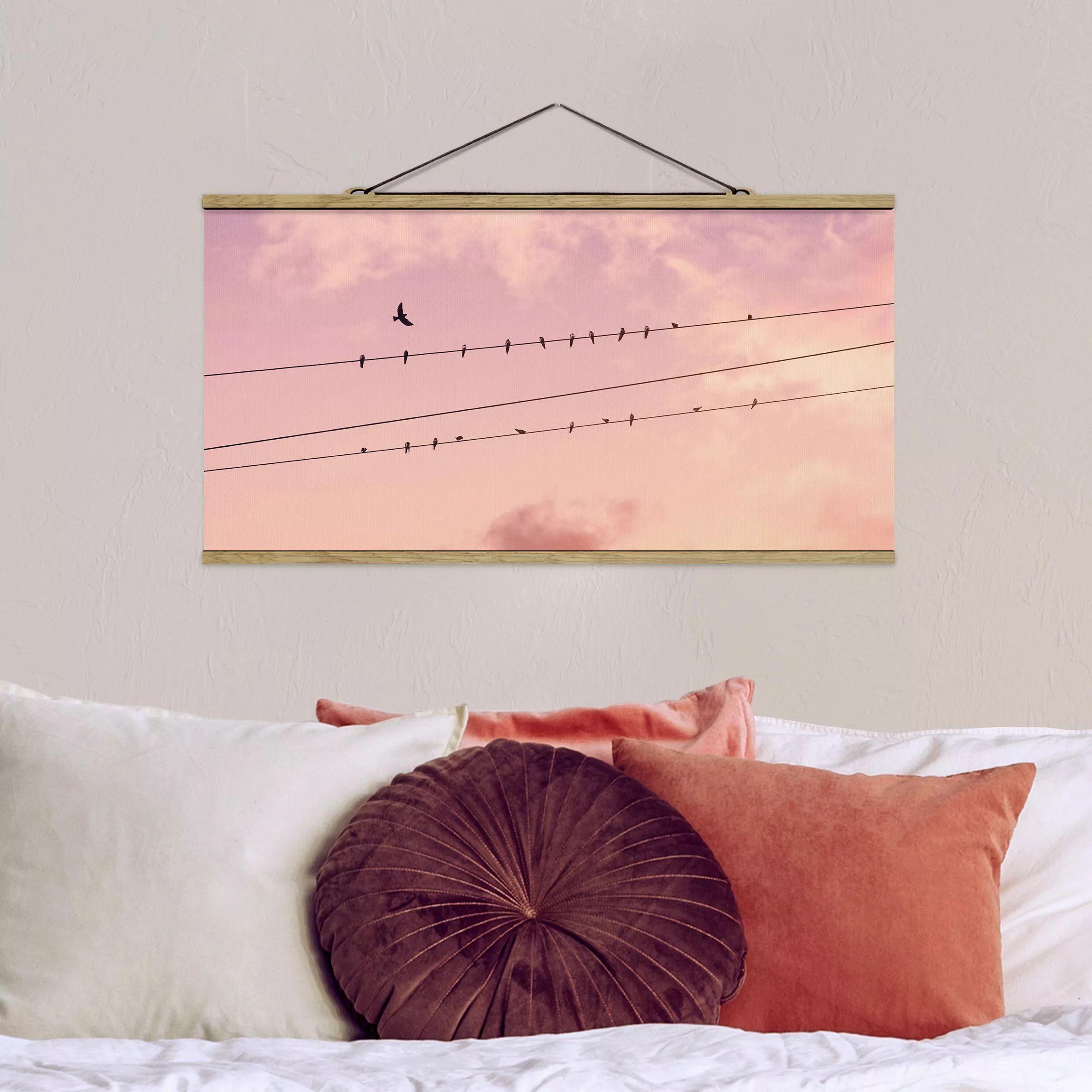 Stoffbild mit Posterleisten Vögel auf der Stromleitung günstig online kaufen