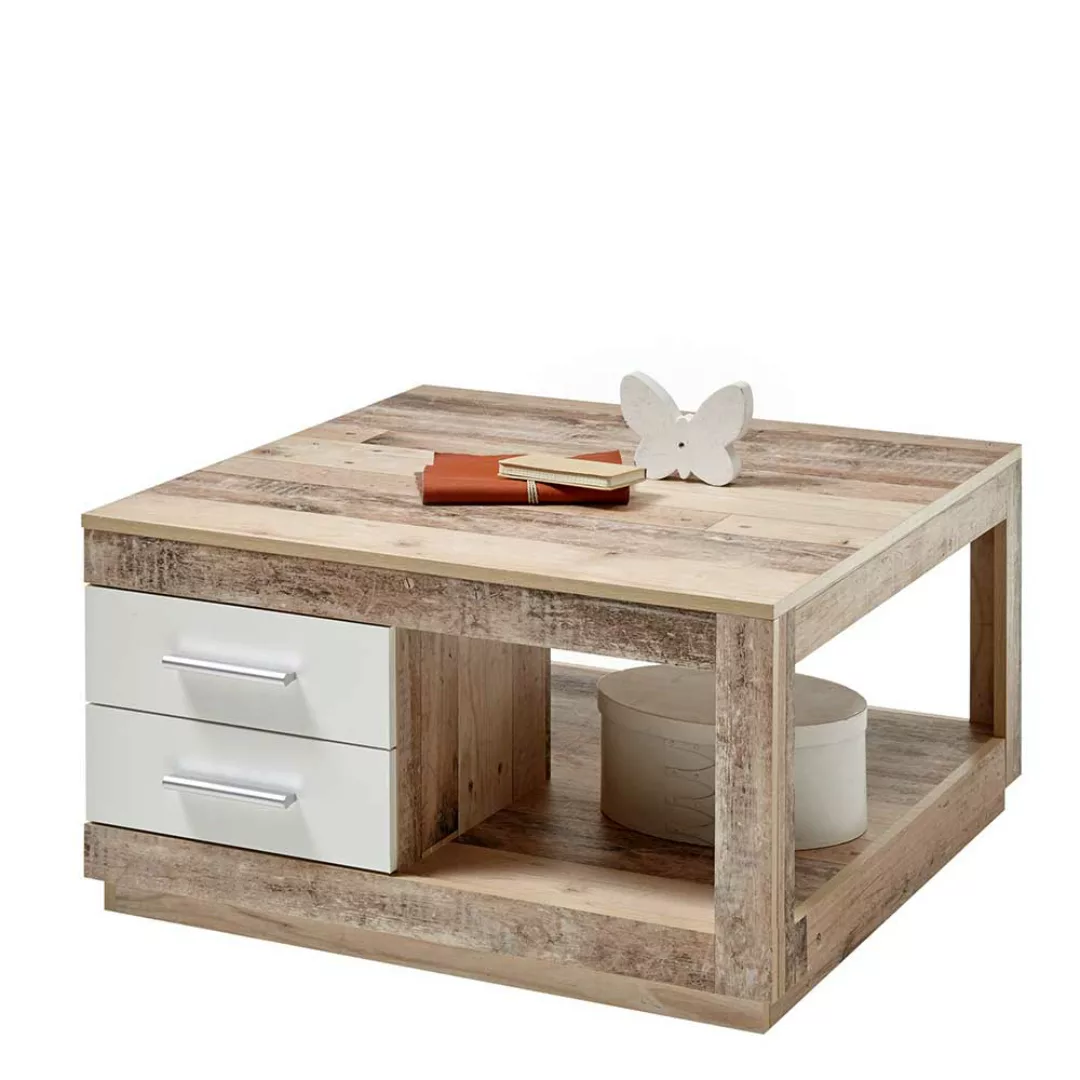 Couchtisch mit Schubladen in Holz Antik Optik und Weiß 80x80 cm günstig online kaufen