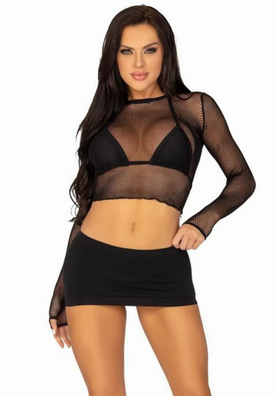 Leg Avenue Crop-Top Netz-Top mit langen Armen - schwarz günstig online kaufen