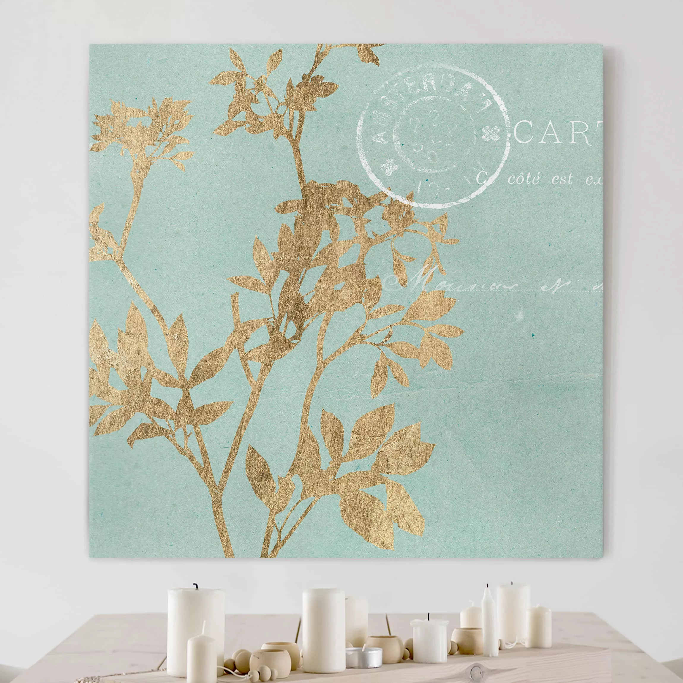 Leinwandbild Spruch - Quadrat Goldene Blätter auf Turquoise I günstig online kaufen