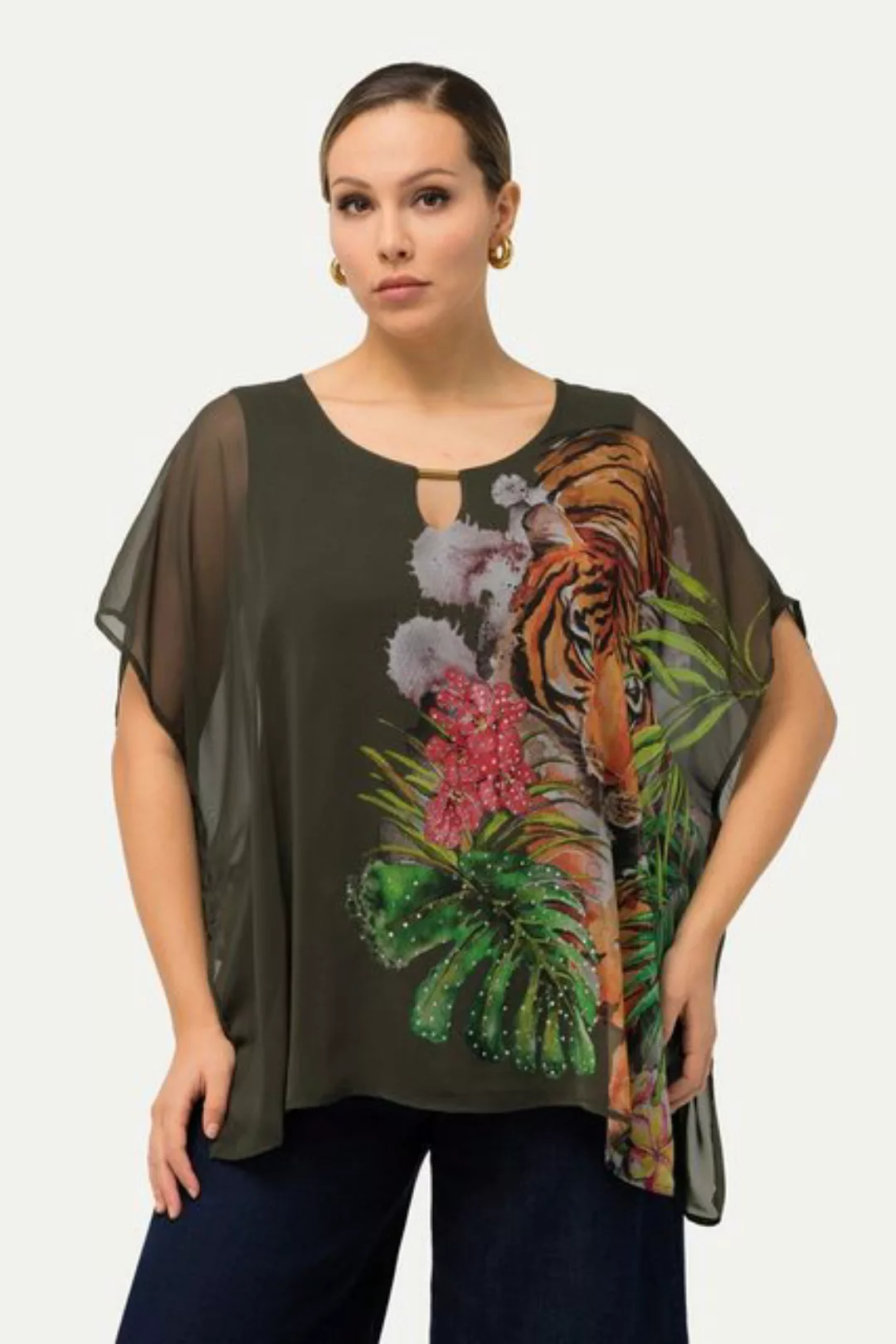 Ulla Popken Longbluse Bluse Tiger doppellagig Rundhals Halbarm günstig online kaufen