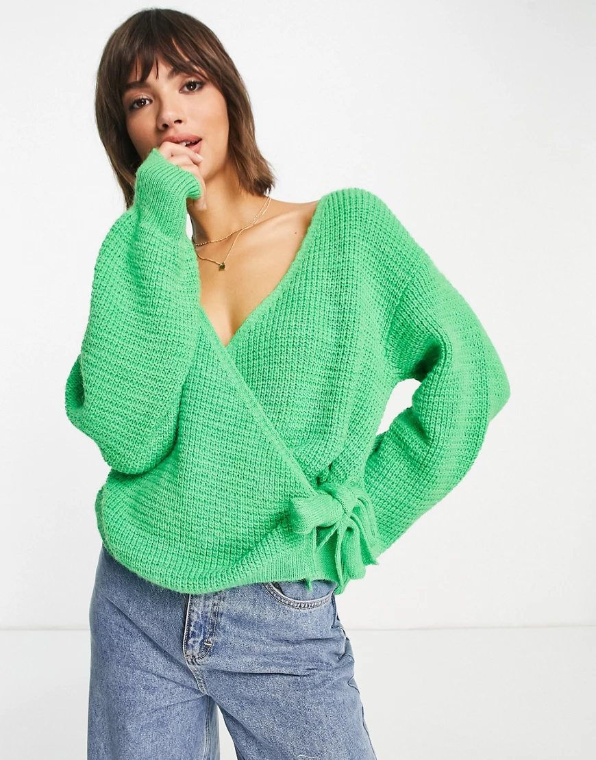 ASOS DESIGN – Wickelpullover mit strukturiertem Muster in Grün günstig online kaufen