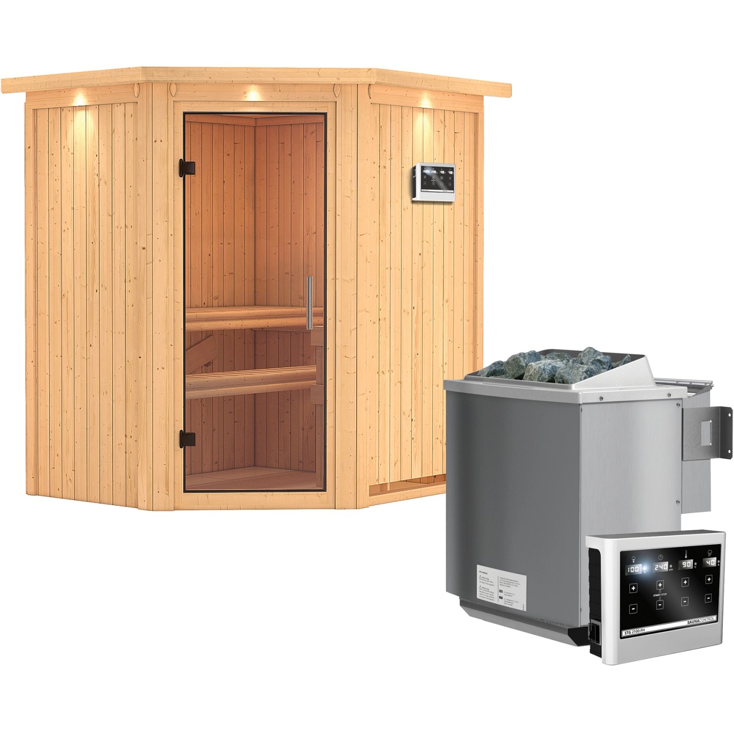 Karibu Sauna Tjorven, Bio-Ofen, externe Steuerung Easy, Glastür, LED-Dachkr günstig online kaufen