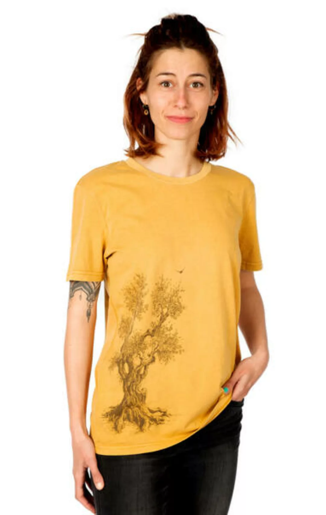 Shirt Aus Biobaumwolle Fairwear Für Damen "Olive Tree" In Ocre Gelb günstig online kaufen