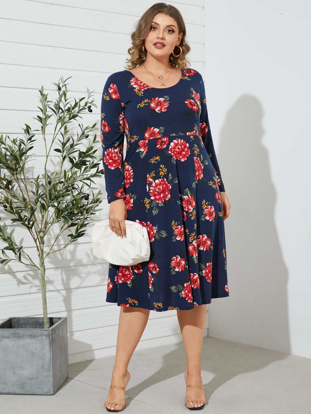 YOINS Plus Größe U-Ausschnitt Blumendruck Cut Out Lange Ärmel Midi Kleid günstig online kaufen