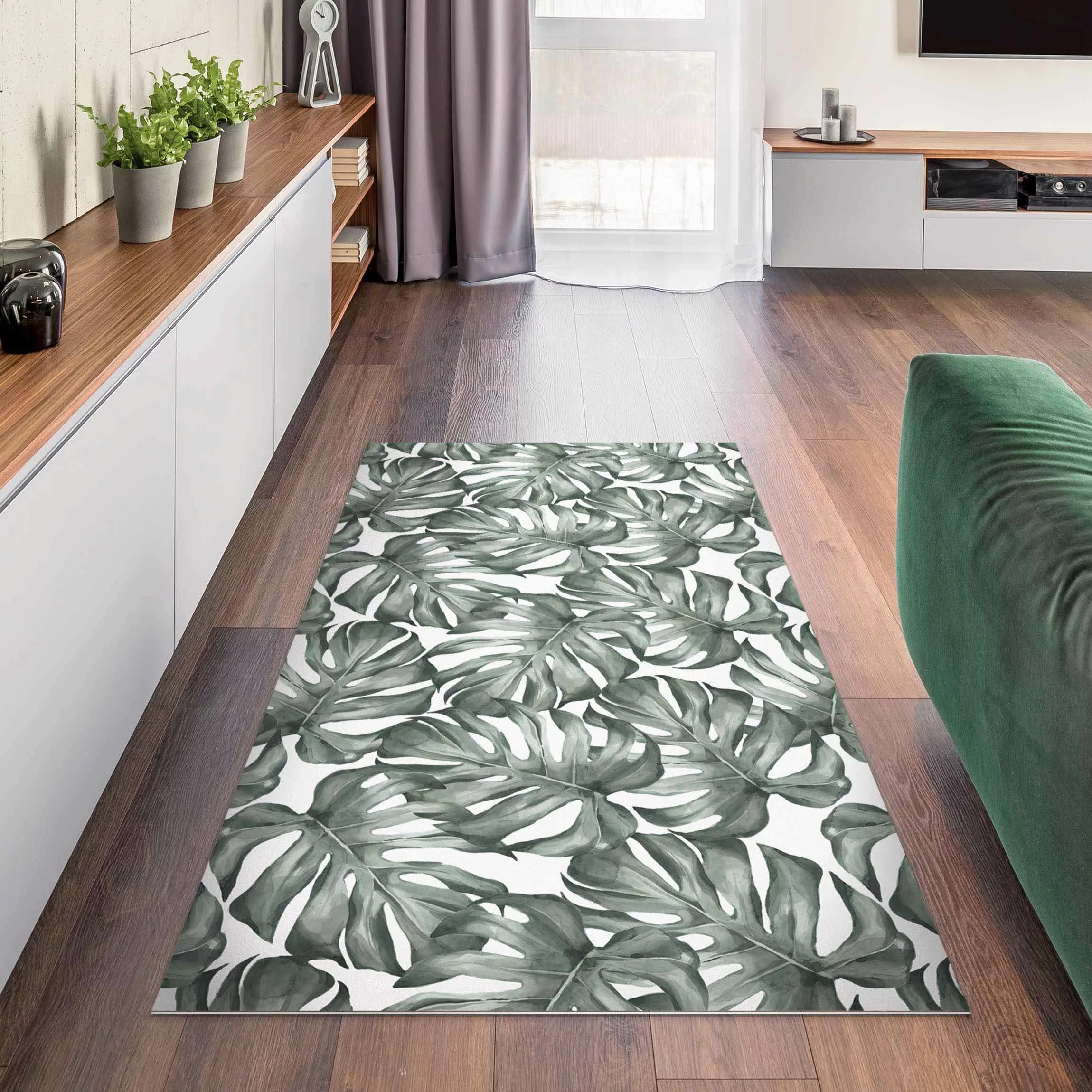 Vinyl-Teppich Aquarell Monstera Blätter in Grün günstig online kaufen