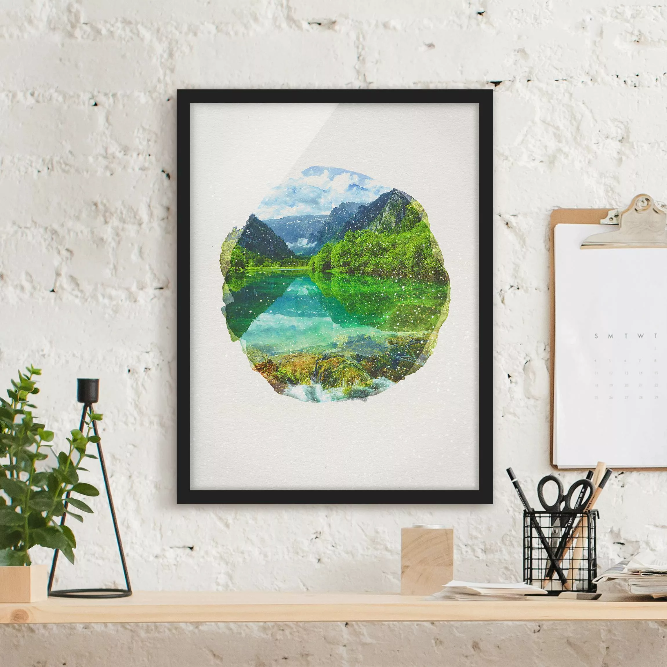 Bild mit Rahmen Natur & Landschaft - Hochformat Wasserfarben - Bergsee mit günstig online kaufen