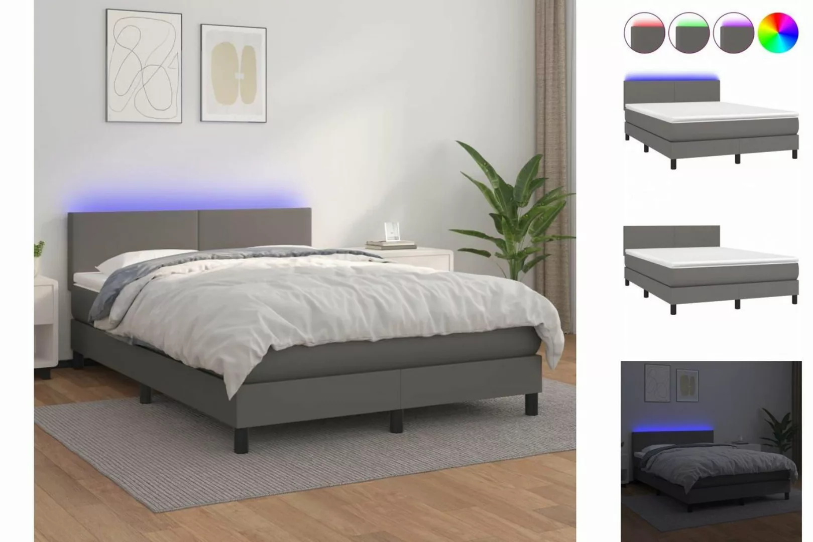 vidaXL Bettgestell Boxspringbett mit Matratze LED Grau 140x200 cm Kunstlede günstig online kaufen