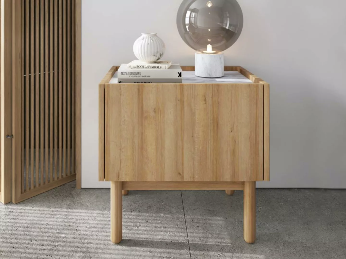 Nachttisch - 1 Tür - Farben: Holzfarben und weiße Marmor-Optik - SITOLI günstig online kaufen