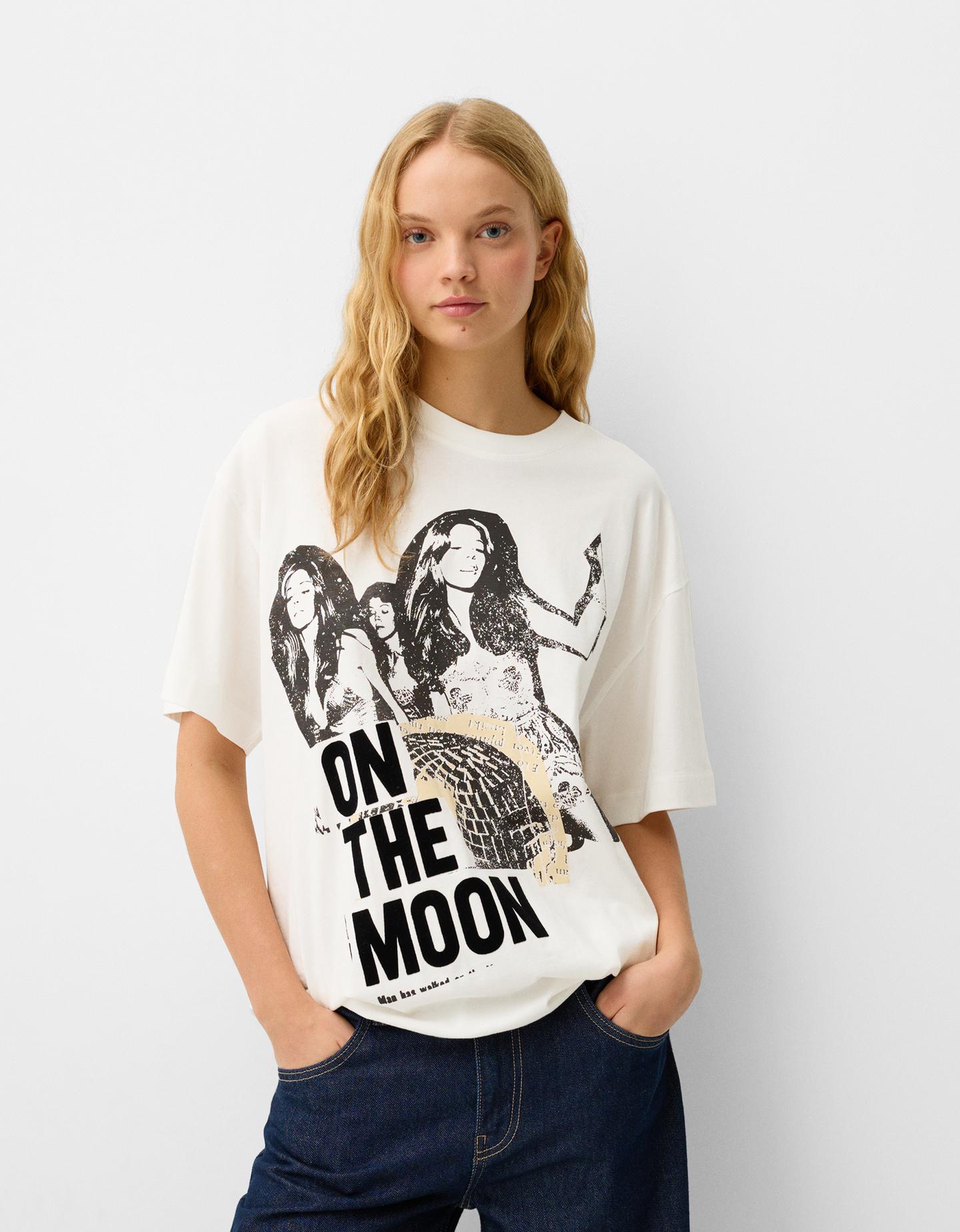 Bershka Oversize-T-Shirt Mit Print Damen M Rohweiß günstig online kaufen