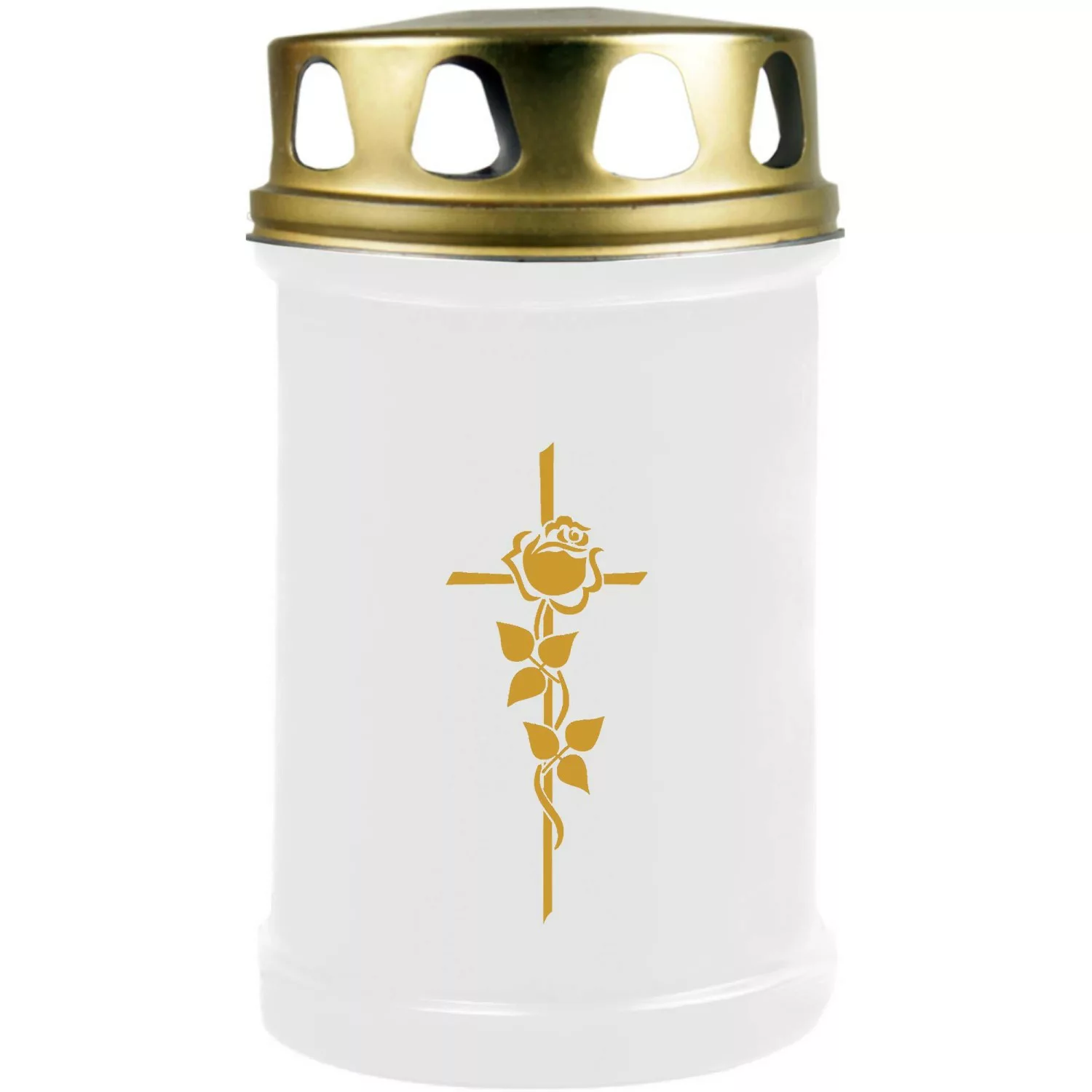 HS Candle Grabkerze Weiß 48h Deckel Und Druck Gold Rose Kreuz günstig online kaufen