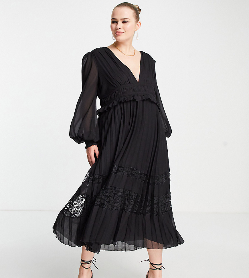 ASOS DESIGN Curve – Exclusive – Plissiertes Midikleid mit tiefem Ausschnitt günstig online kaufen